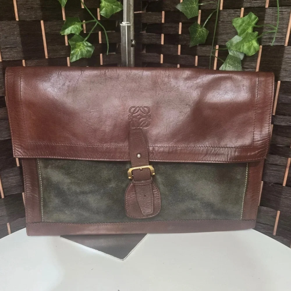 Loewe Brown and Green Leather Document Bag